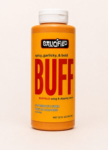 A bottle of Saucified BUFF buffalo wing and dipping sauce